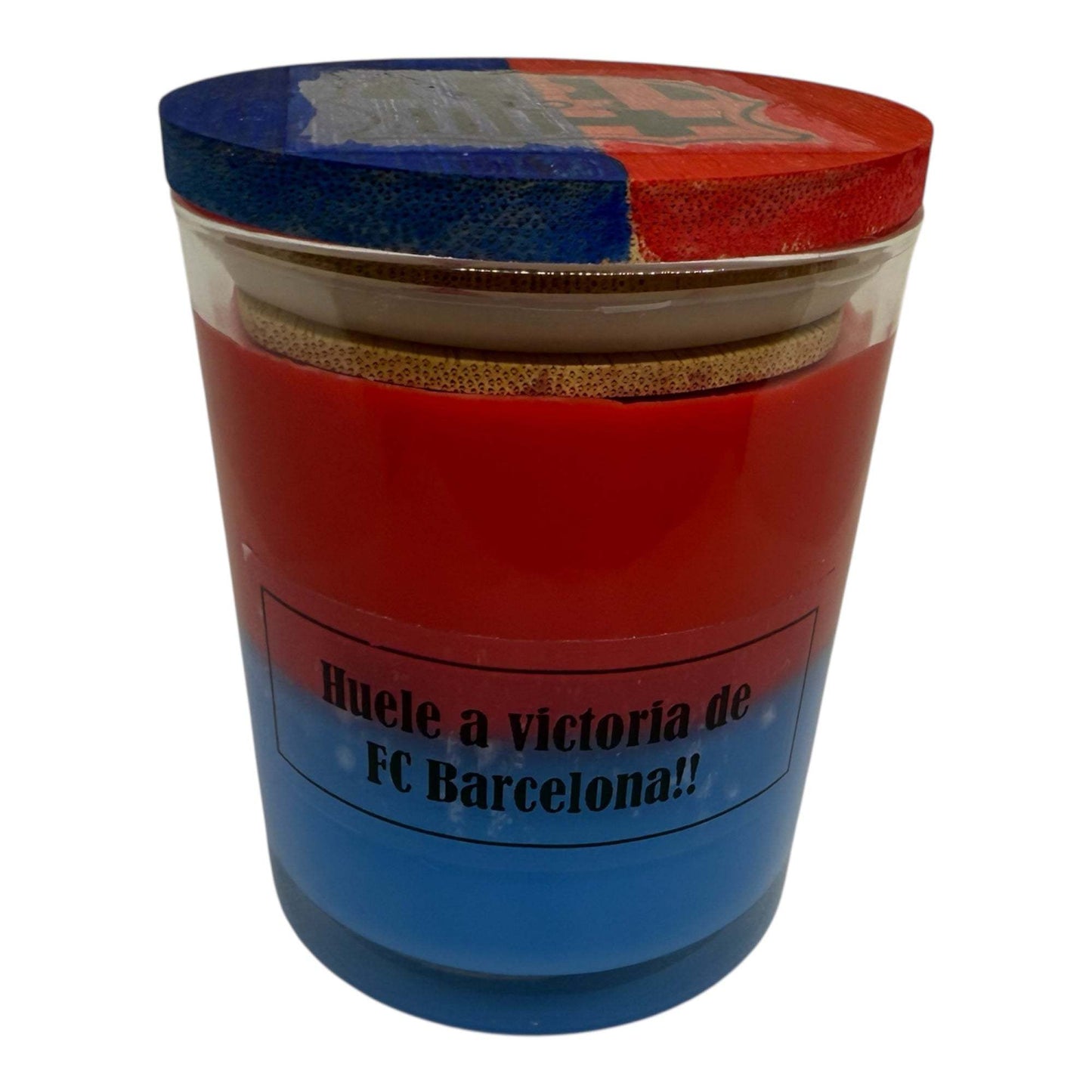 FC Barcelona-Inspired Candle in royal blue and crimson red with customizable fragrance.