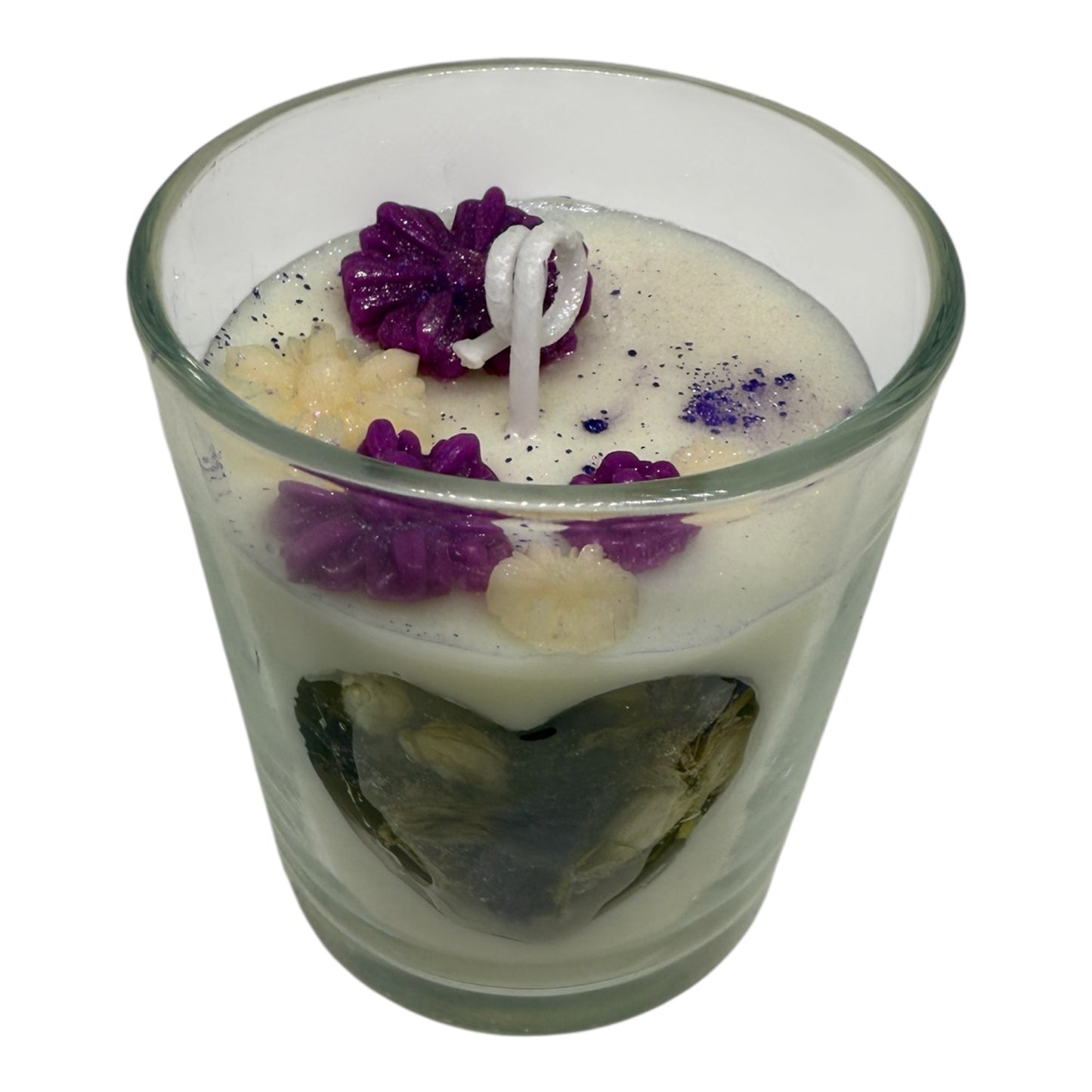 KC Luxury Garden Luxe white candle with jelly heart filled with dried flowers and purple floral accents in clear glass jar