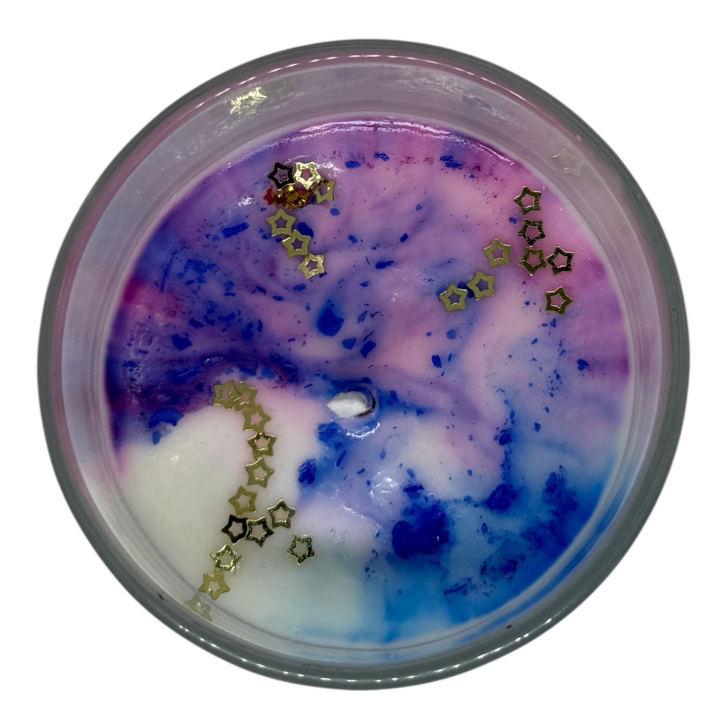 Luxe Milky Way Candle with purple, pink, and white swirls and gold star constellation decorations from KC Luxury CosmicLuxe Collection