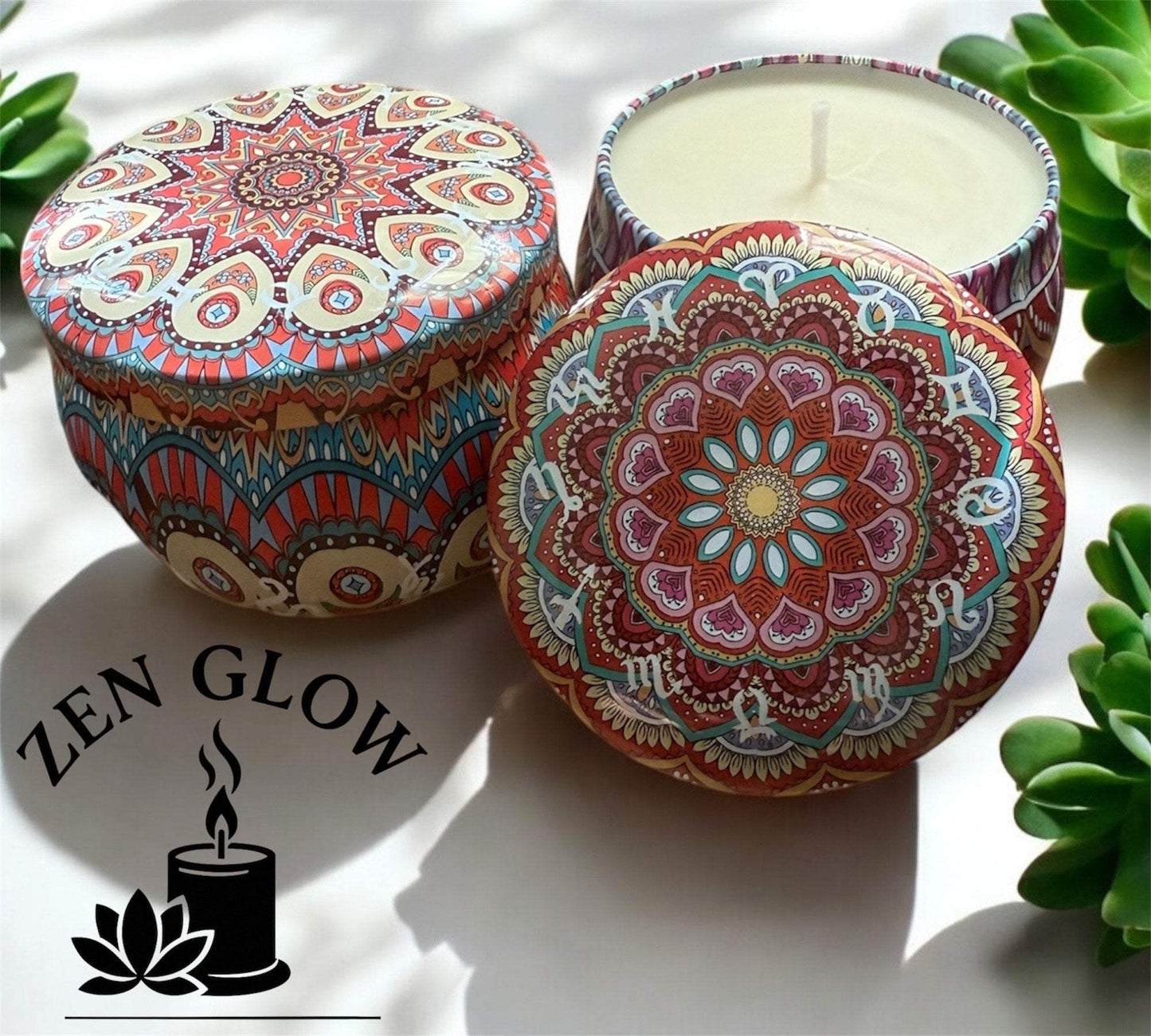KC Zen Glow relaxing soy candle with aromatherapy essential oils in decorative tin.