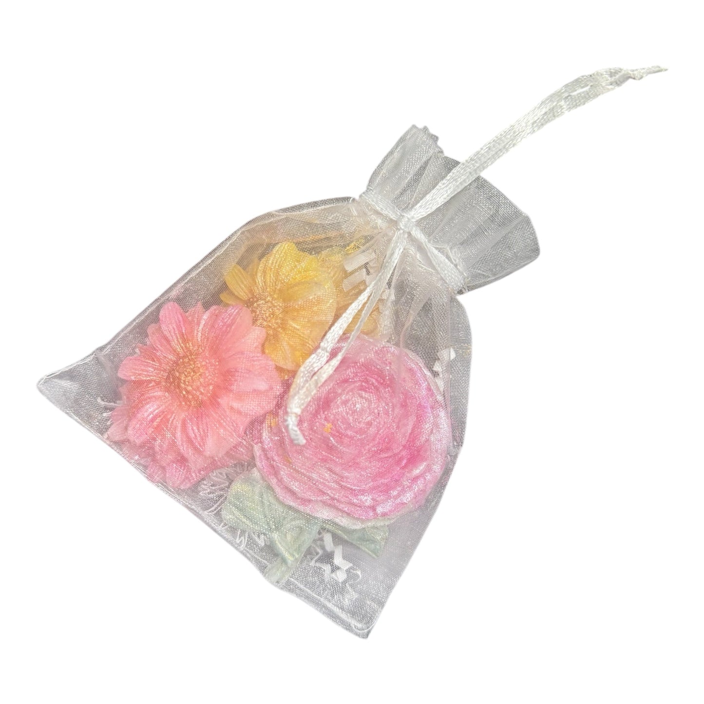 KC Luxe Wax Melts Collection floral set in a sheer pouch, featuring hand-poured artisan soy wax melts in flower shapes.