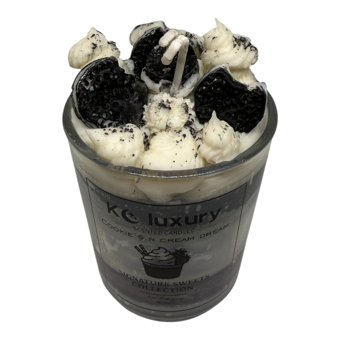 Cookies N Cream Dream candle with realistic wax Oreo molds and creamy swirl design in a glass jar.
