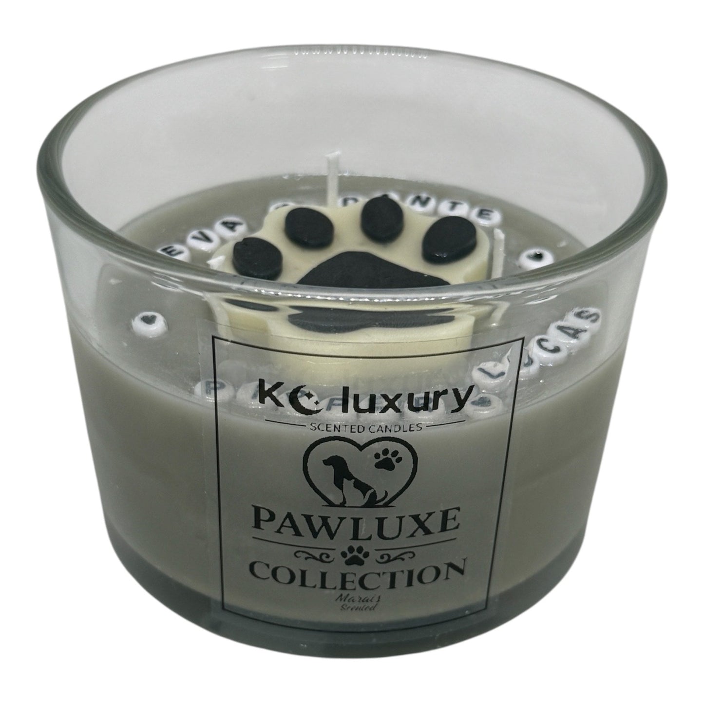 The Pawfect Candle luxury soy candle with custom pet name and paw print from PawLuxe Collection by KC Luxury Scented Candles