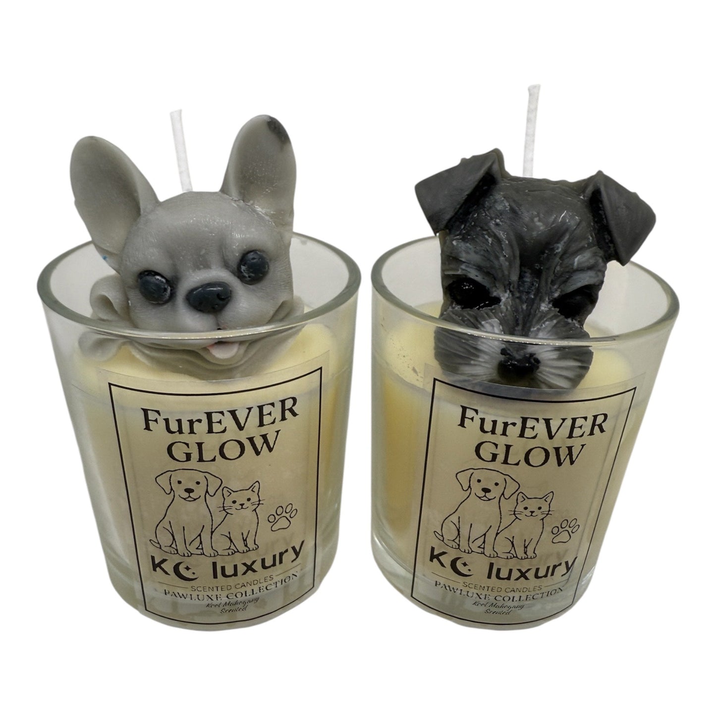 Furever Glow Candle with 3D realistic pet design, luxury hand-poured soy candle for pet lovers, customizable scent and color.