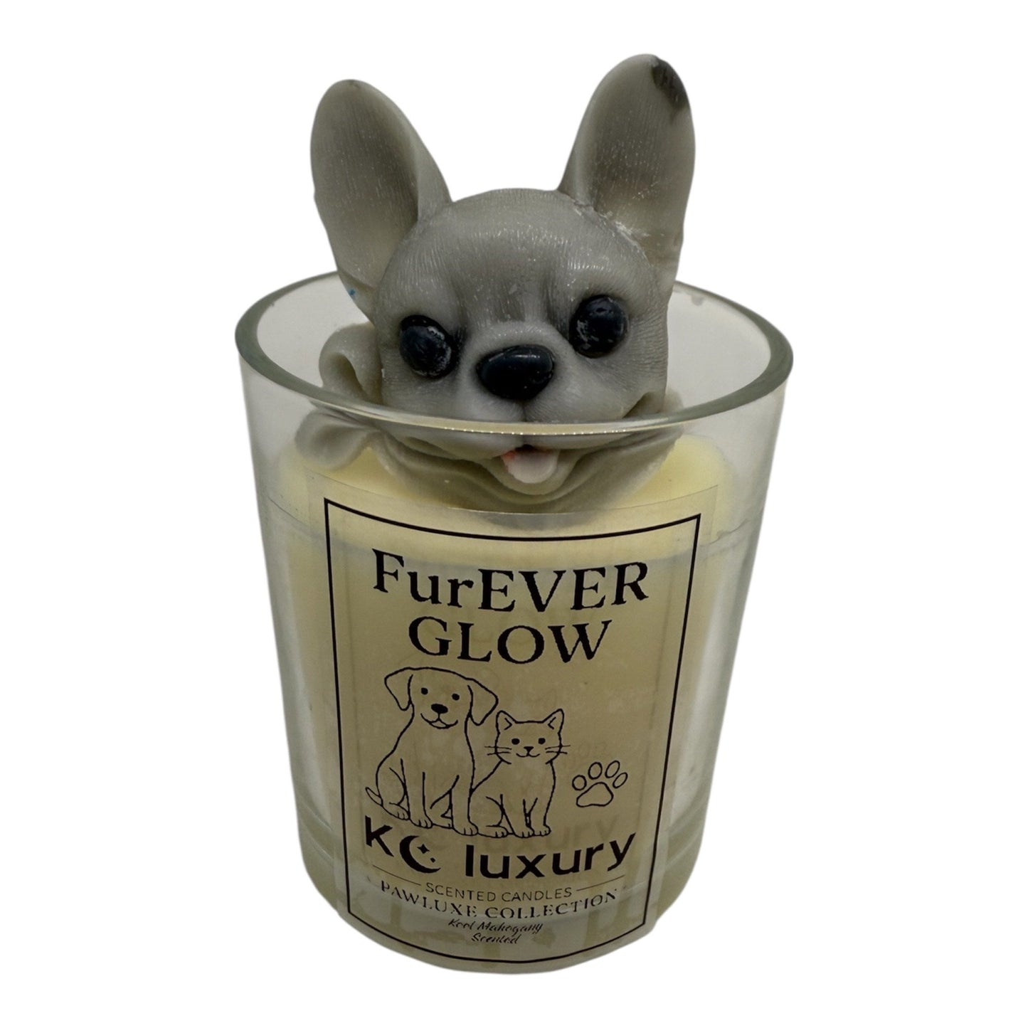 Furever Glow Candle with 3D dog figure, luxury hand-poured soy candle for pet lovers, customizable scent and design