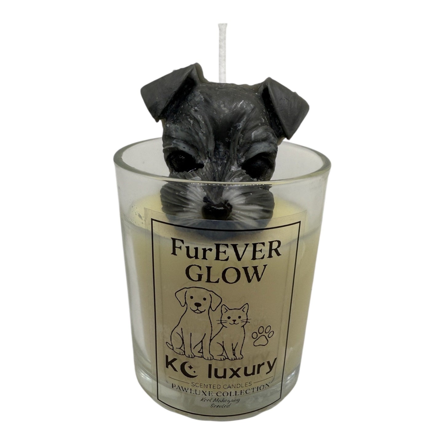 Furever Glow Candle with hand-poured soy wax and 3D dog design in glass jar for pet lovers
