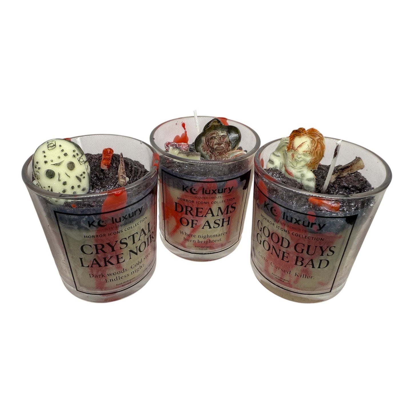 Horror Icons Candle Collection featuring Chucky, Freddy Krueger, and Jason themed soy wax candles with detailed horror character toppers.