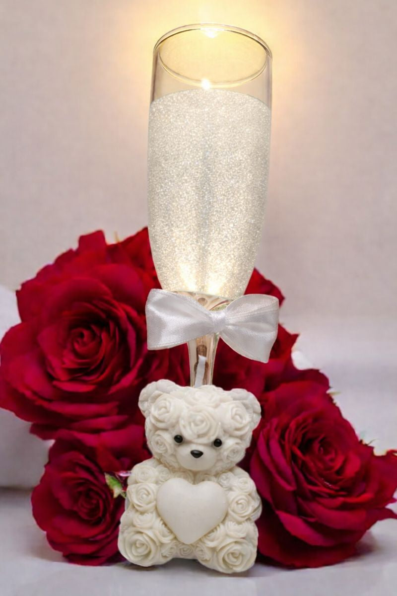Everlasting Valentine’s Day Candle Gift Set – Teddy Bear & Champagne Glass | Personalized Love Keepsake
