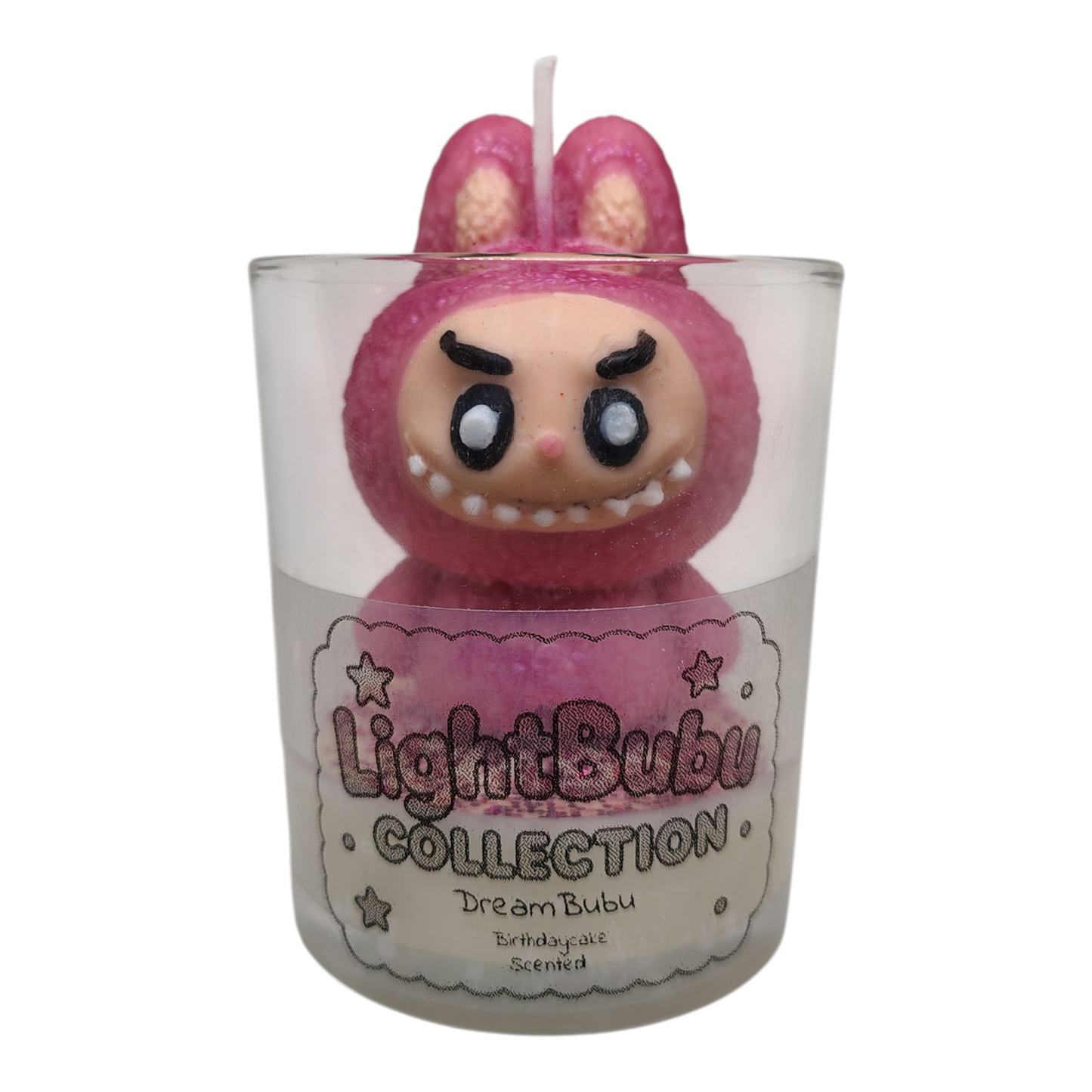 Lightbubu Candle Dream Bubu scented soy candle in glass with pink bunny design by KC Luxury Scented Candles