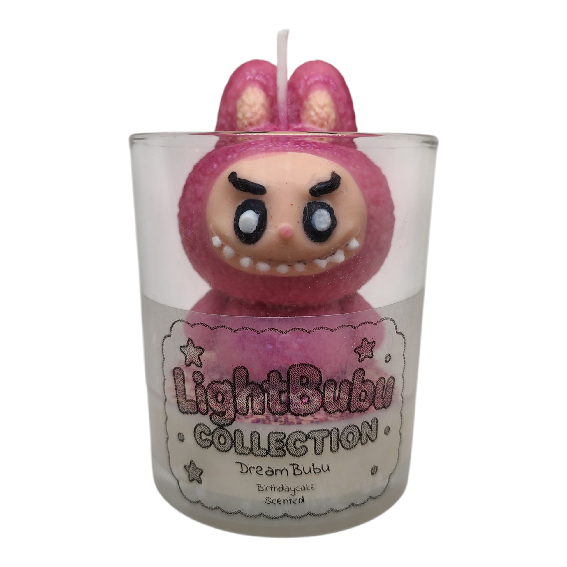 Lightbubu Candle Dream Bubu scented soy candle in glass with pink bunny design by KC Luxury Scented Candles