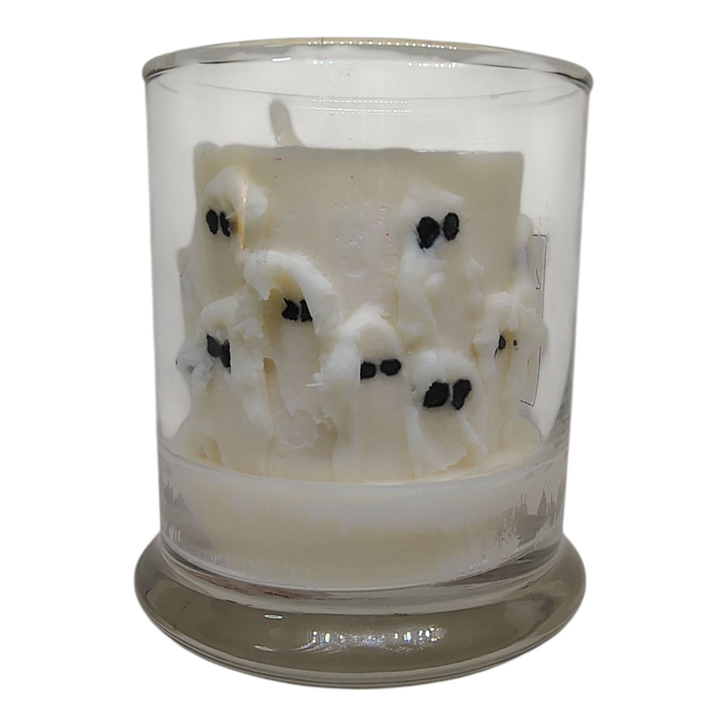 Ghost Swirl Candle with white ghost figures in clear glass holder, Halloween scented soy wax candle