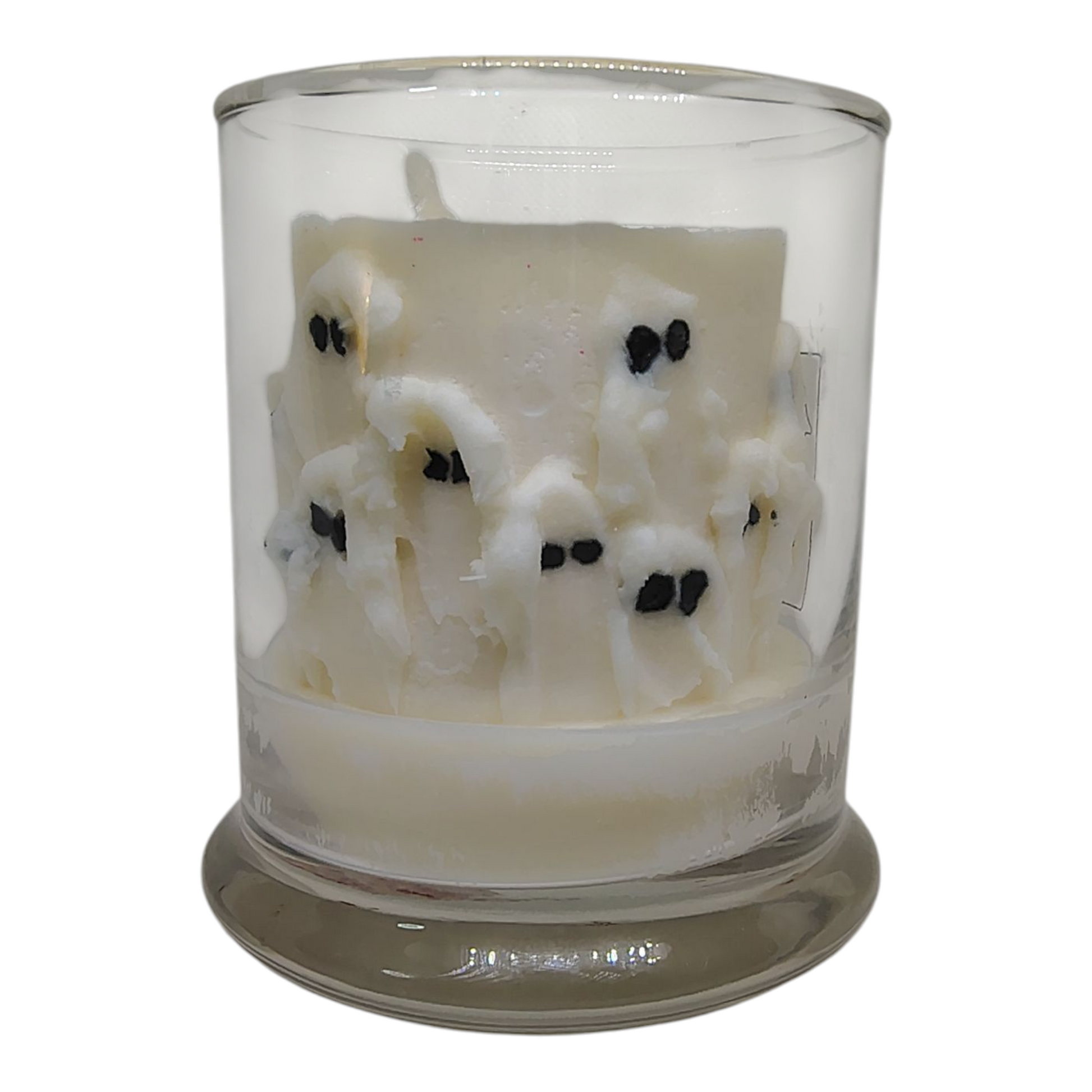Ghost Swirl Candle with white ghost figures in clear glass holder, Halloween scented soy wax candle