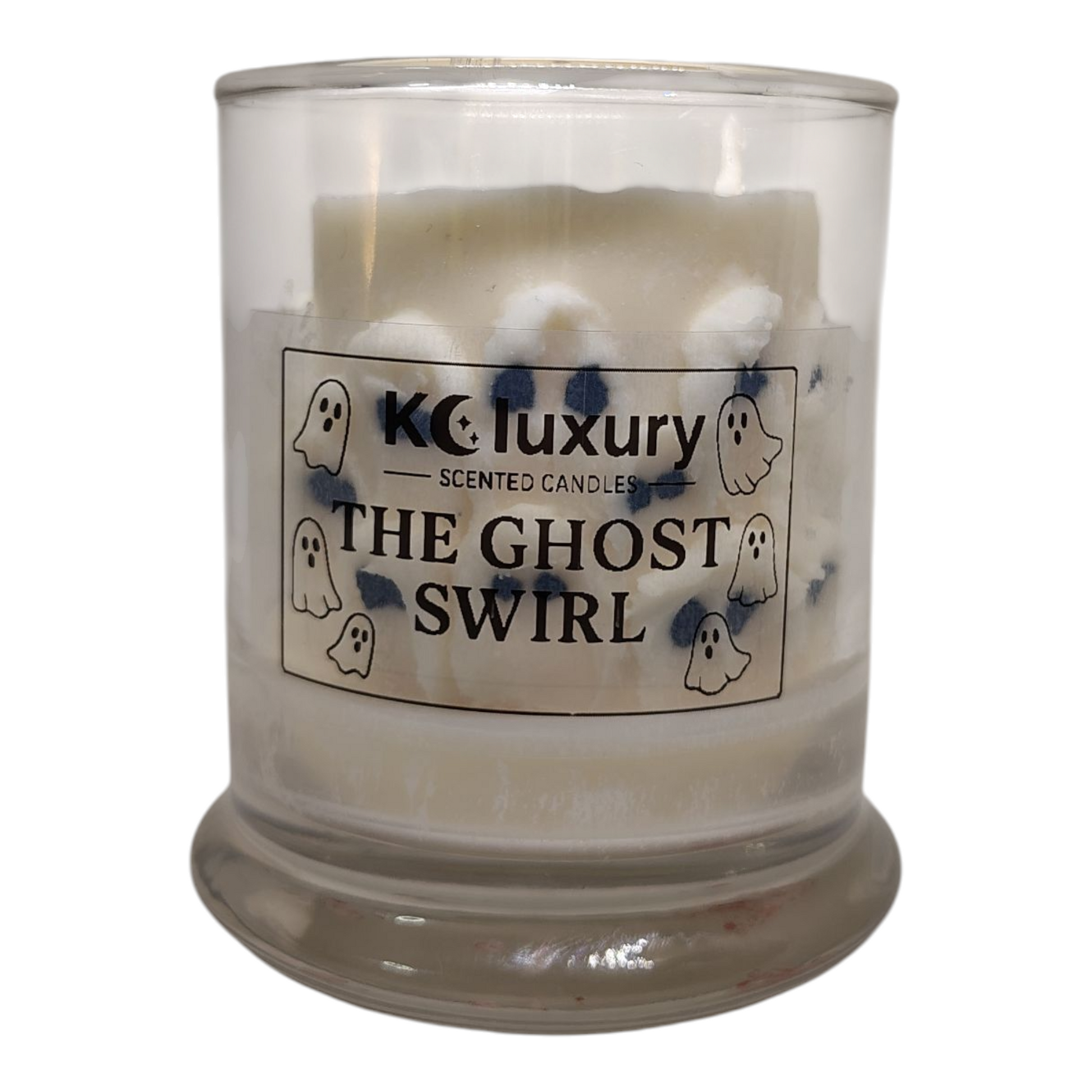 Ghost Swirl Candle by KC Luxury with ghost design in clear glass jar, Halloween scented soy wax candle