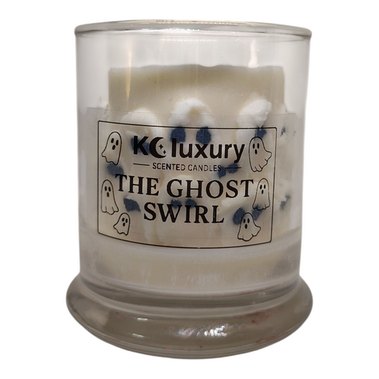 Ghost Swirl Candle by KC Luxury with ghost design in clear glass jar, Halloween scented soy wax candle