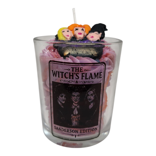 The Witches Flame Sanderson Sisters Edition candle inspired by Hocus Pocus with hand-poured soy wax and witch-themed design