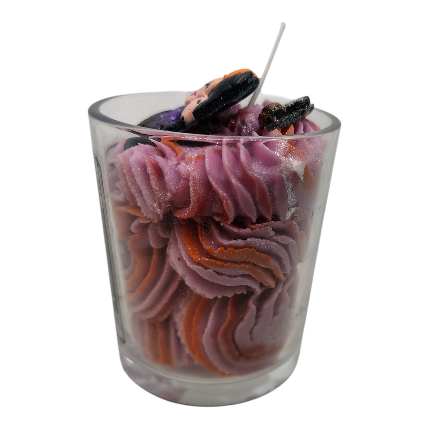 Summoning the Sandersons Hocus Pocus inspired witchy candle with purple and orange swirled soy wax in clear glass jar by KC Luxury Scented Candles