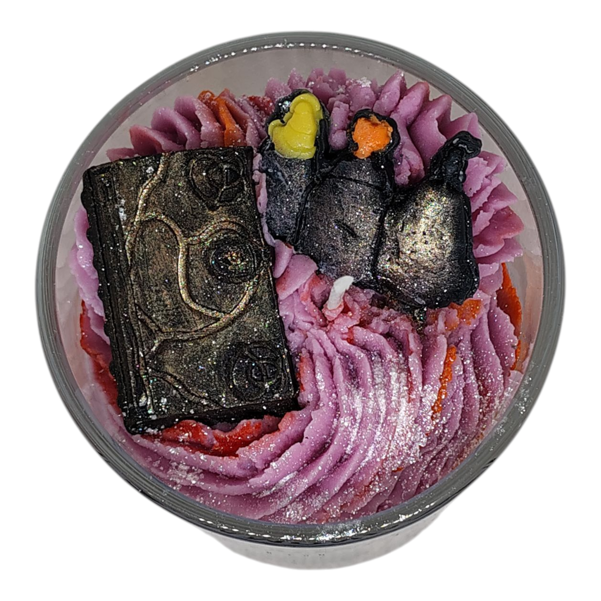 Summoning the Sandersons Hocus Pocus inspired witchy candle with purple and orange wax and spellbook decoration by KC Luxury Scented Candles