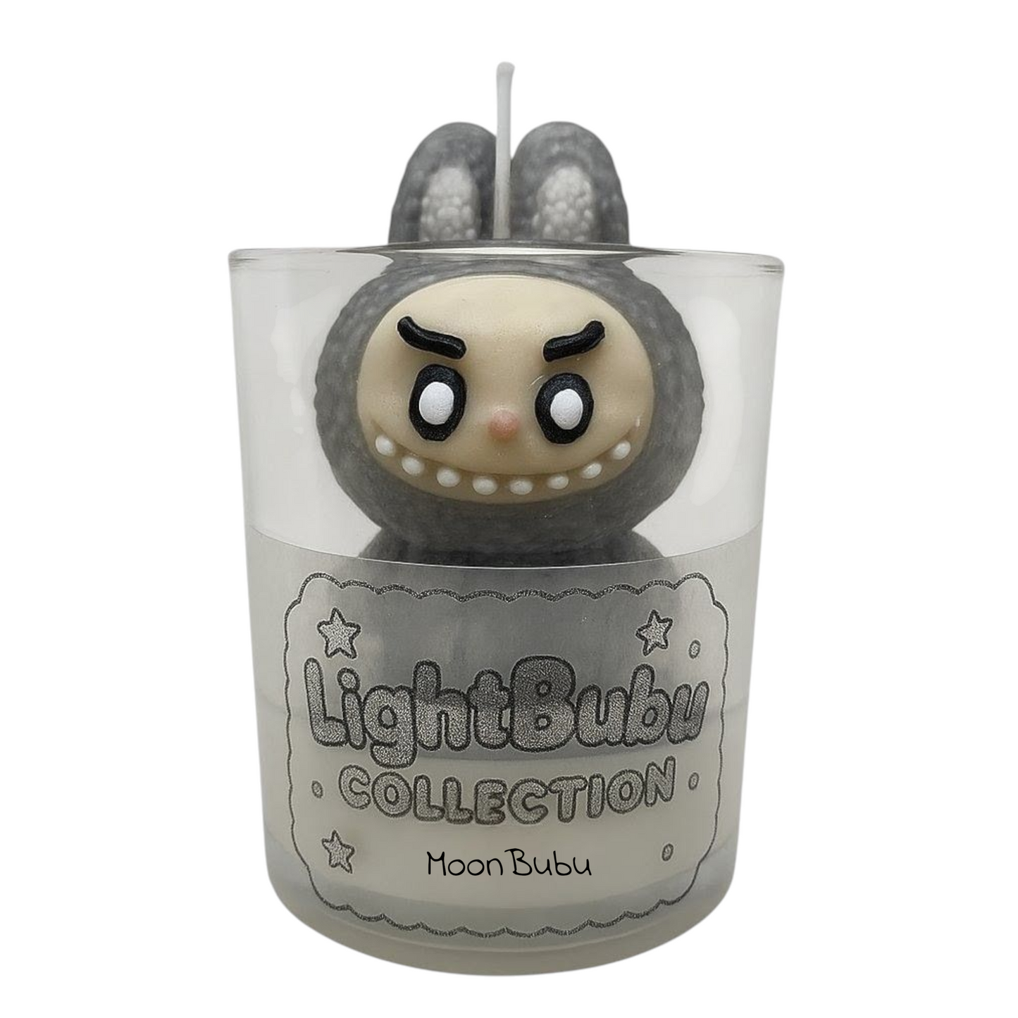 Moon Bubu Lightbubu Candle in glass container with cute character design and gray ears by KC Luxury Scented Candles
