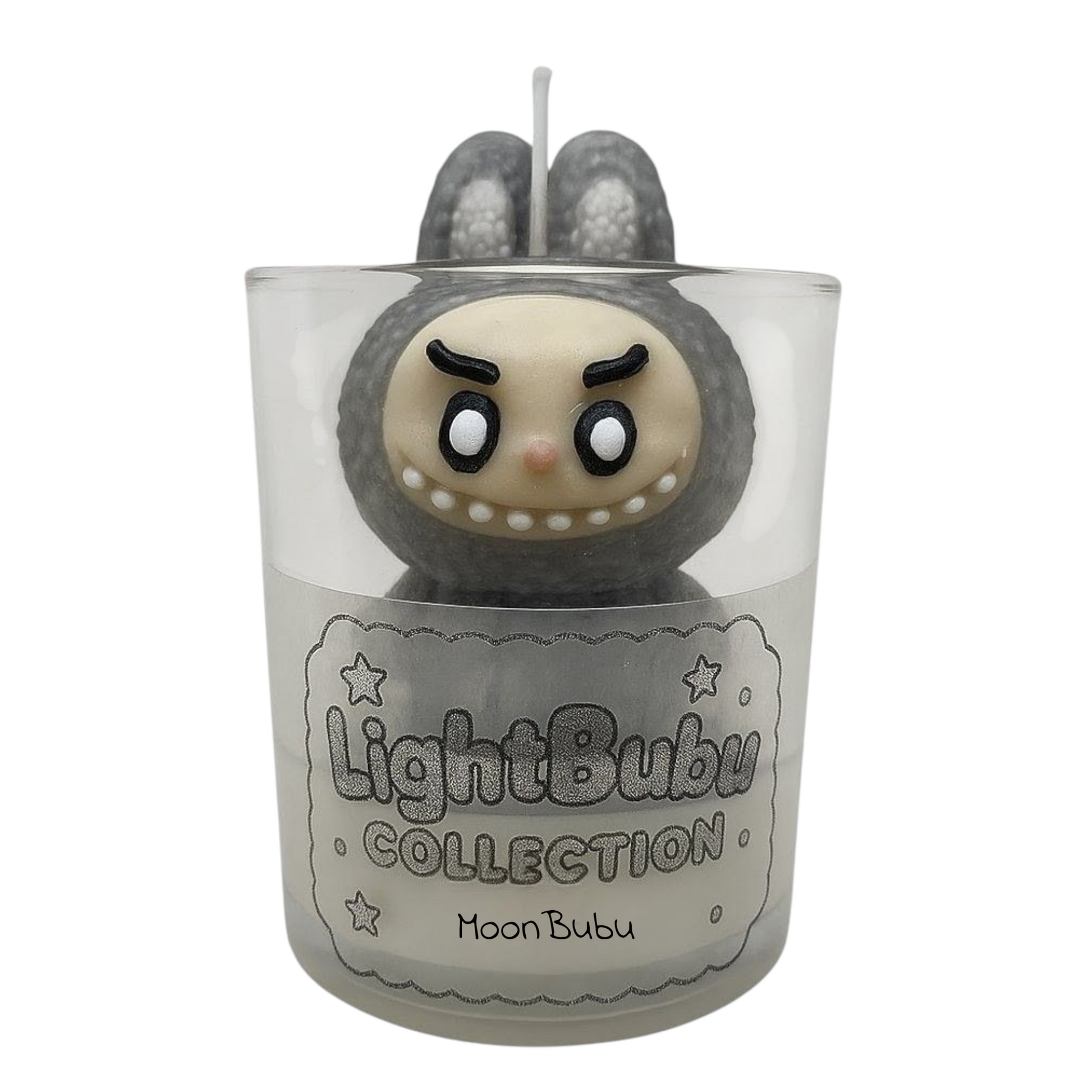 Moon Bubu Lightbubu Candle in glass container with cute character design and gray ears by KC Luxury Scented Candles