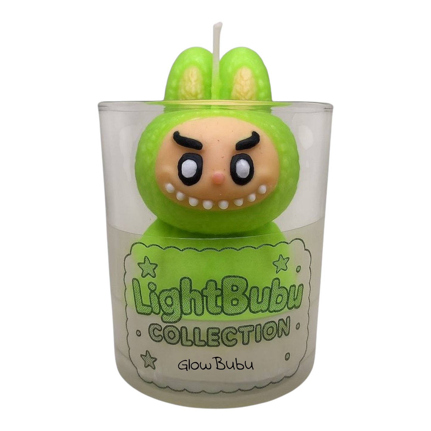 Lightbubu Candle Glow Bubu in clear glass container with green bunny design and custom scented soy wax by KC Luxury Scented Candles
