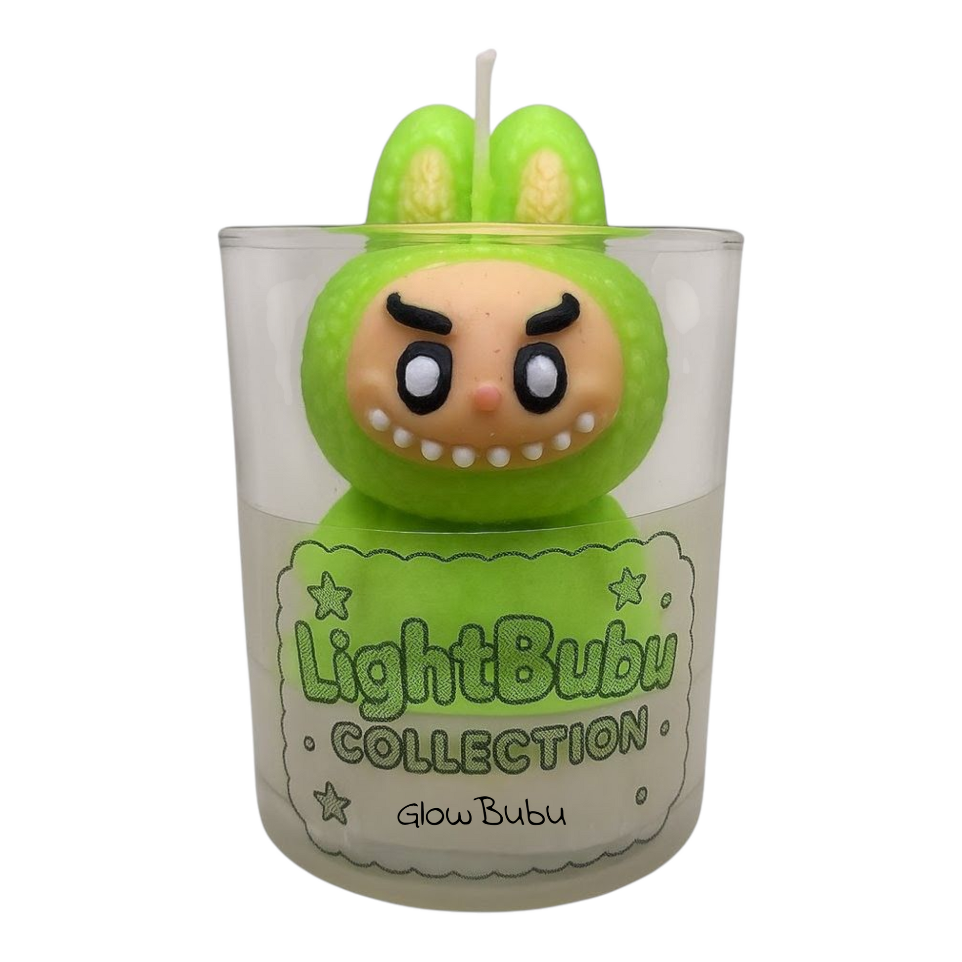 Lightbubu Candle Glow Bubu in clear glass container with green bunny design and custom scented soy wax by KC Luxury Scented Candles