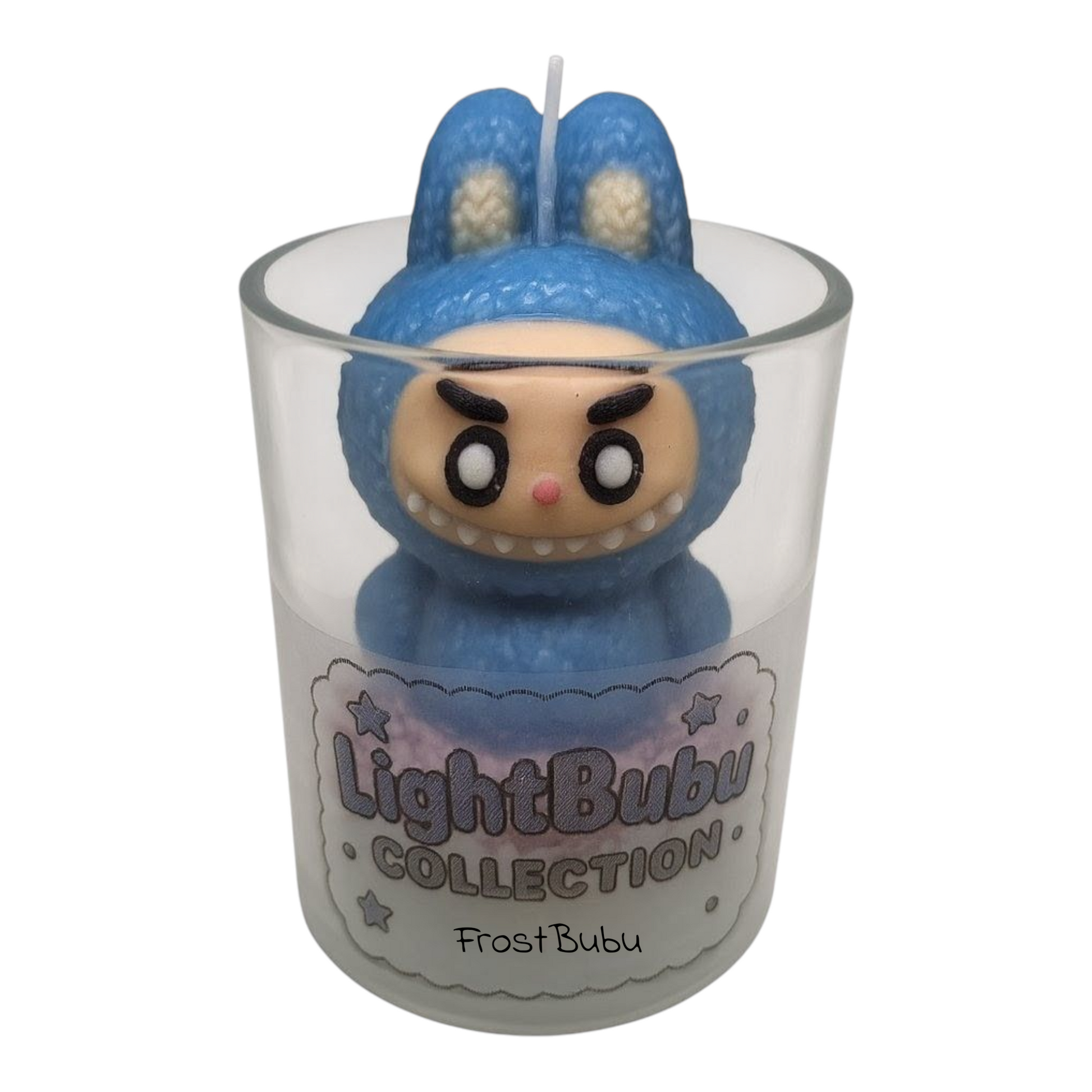 Lightbubu Candle Frost Bubu in blue bunny design hand-poured soy wax in glass container