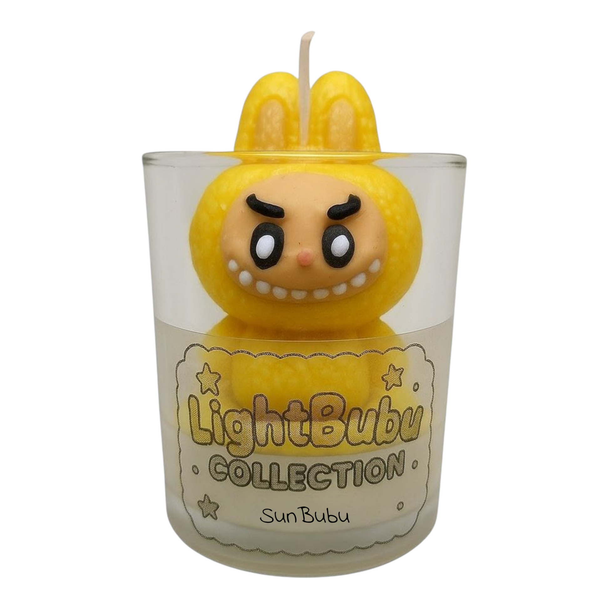 Yellow Sun Bubu Lightbubu Candle in glass container with custom soy wax and playful design