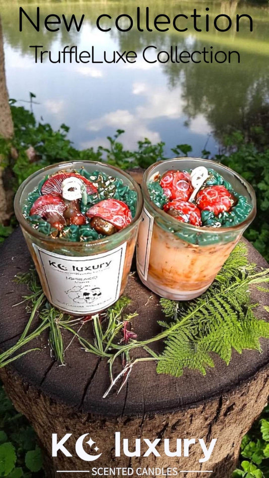 Luxury marble mushroom candles from TruffleLuxe Collection on a rustic outdoor setting.