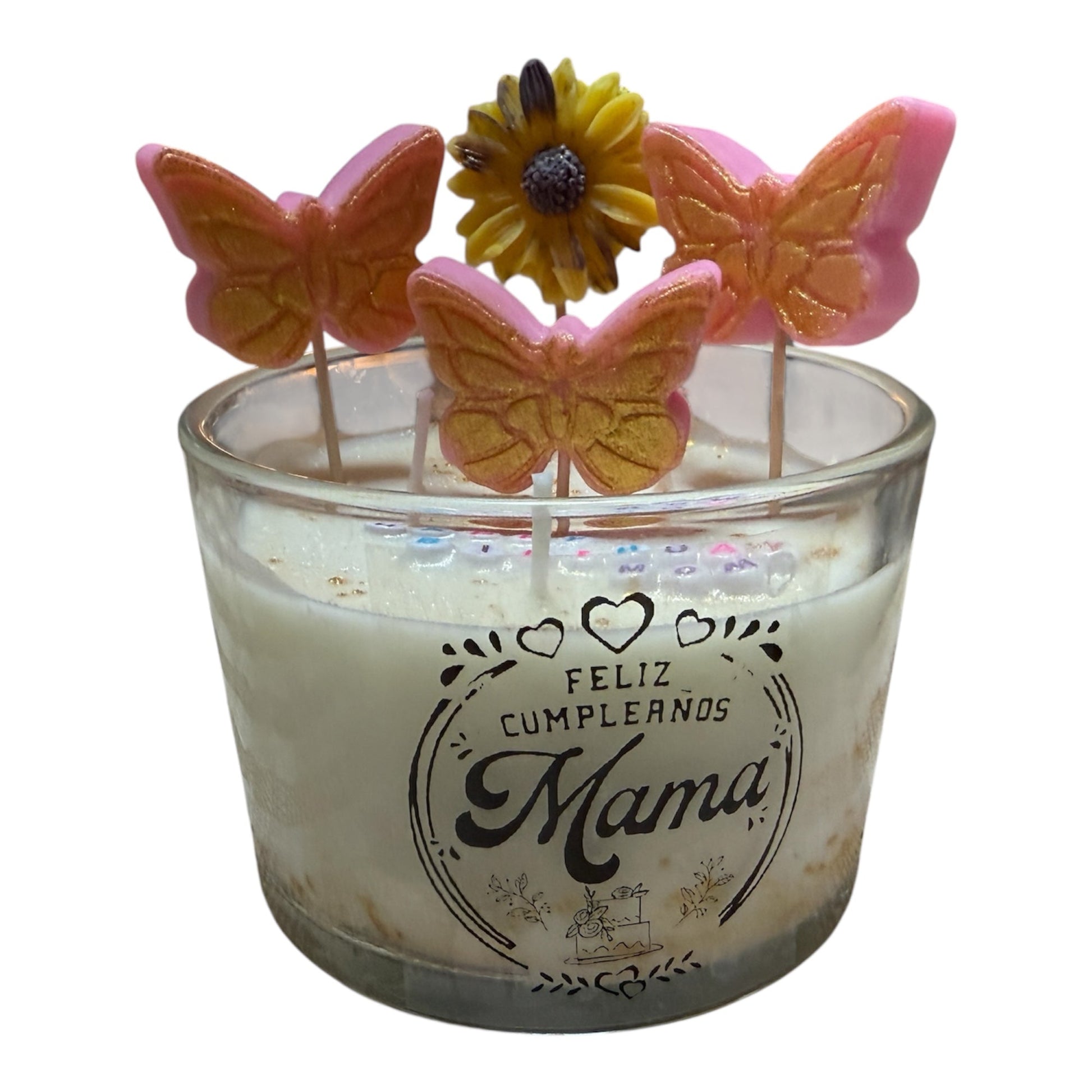 KC Luxury Butterfly & Flower Melt Collection with three detailed butterfly and flower wax melts and a 12oz hidden candle in a glass jar with a customizable "Feliz Cumpleaños Mama" label