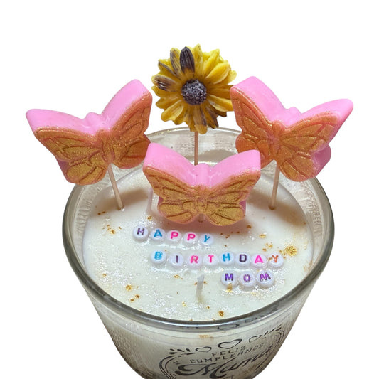 KC Luxury Butterfly & Flower Melt Collection candle with pink butterfly wax melts and sunflower decoration, personalized Happy Birthday Mom message