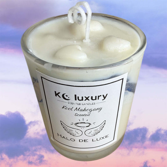 Halo De Luxe custom scented candle with cloud-like wax finish and customizable fragrance and color options.