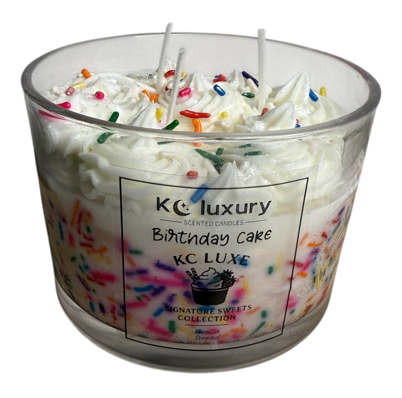 Birthday Cake Candle with colorful sprinkles in a glass jar by KC Luxury Scented Candles.