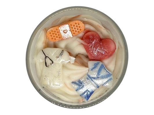 Handcrafted Doctor's Orders Candle with medical-themed decorations, perfect gift for healthcare professionals.