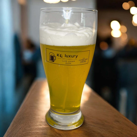 Luxe Lager Glow candle by KC Luxury Candles, realistic beer-like design and frothy detail.
