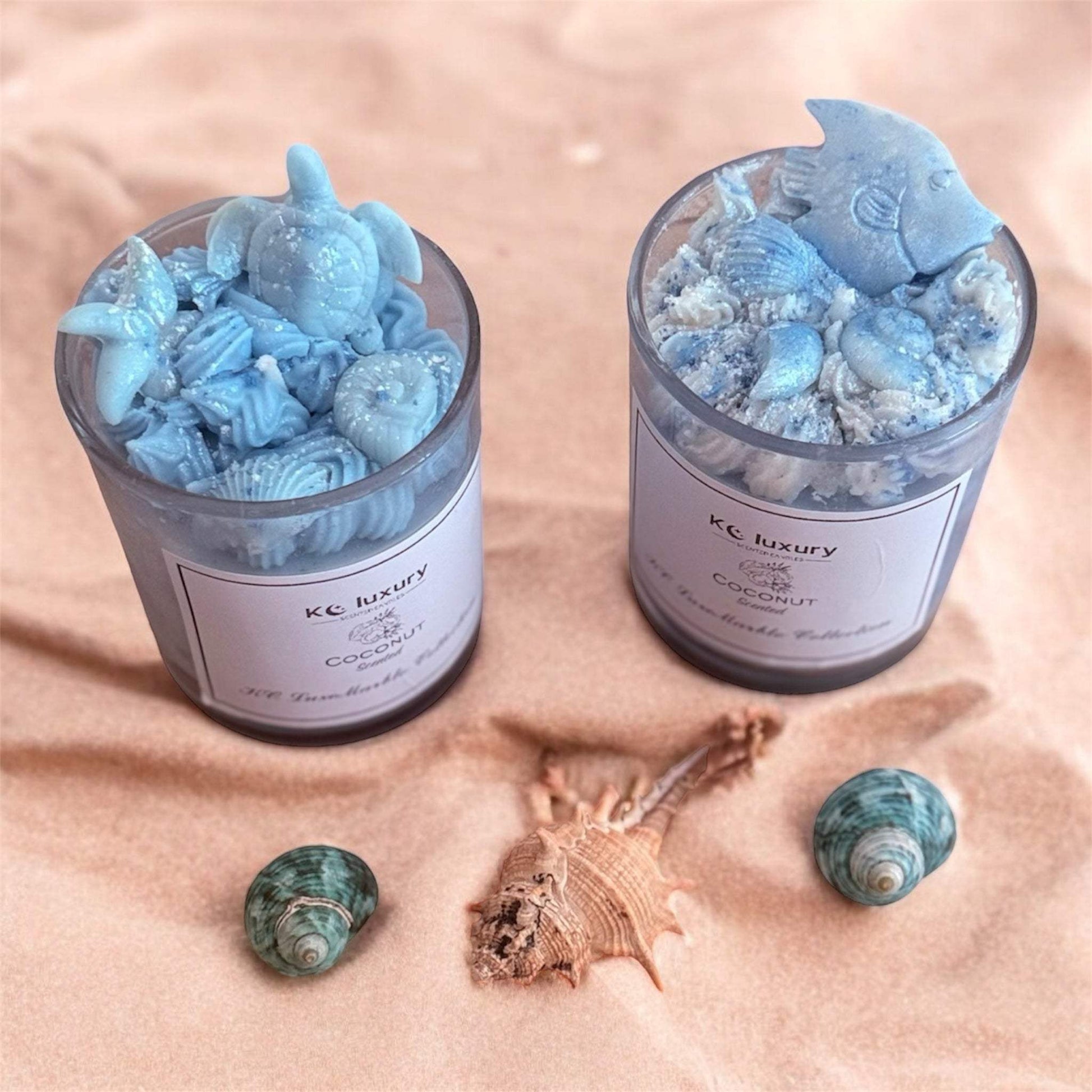 Ocean Luxe hand-poured soy wax candle with ocean-themed wax embeds in reusable glass jars.
