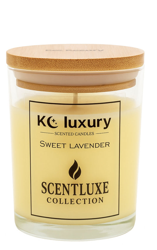 ScentLuxe Candle in clear glass jar with natural bamboo lid, KC Luxury Sweet Lavender scented soy wax candle.