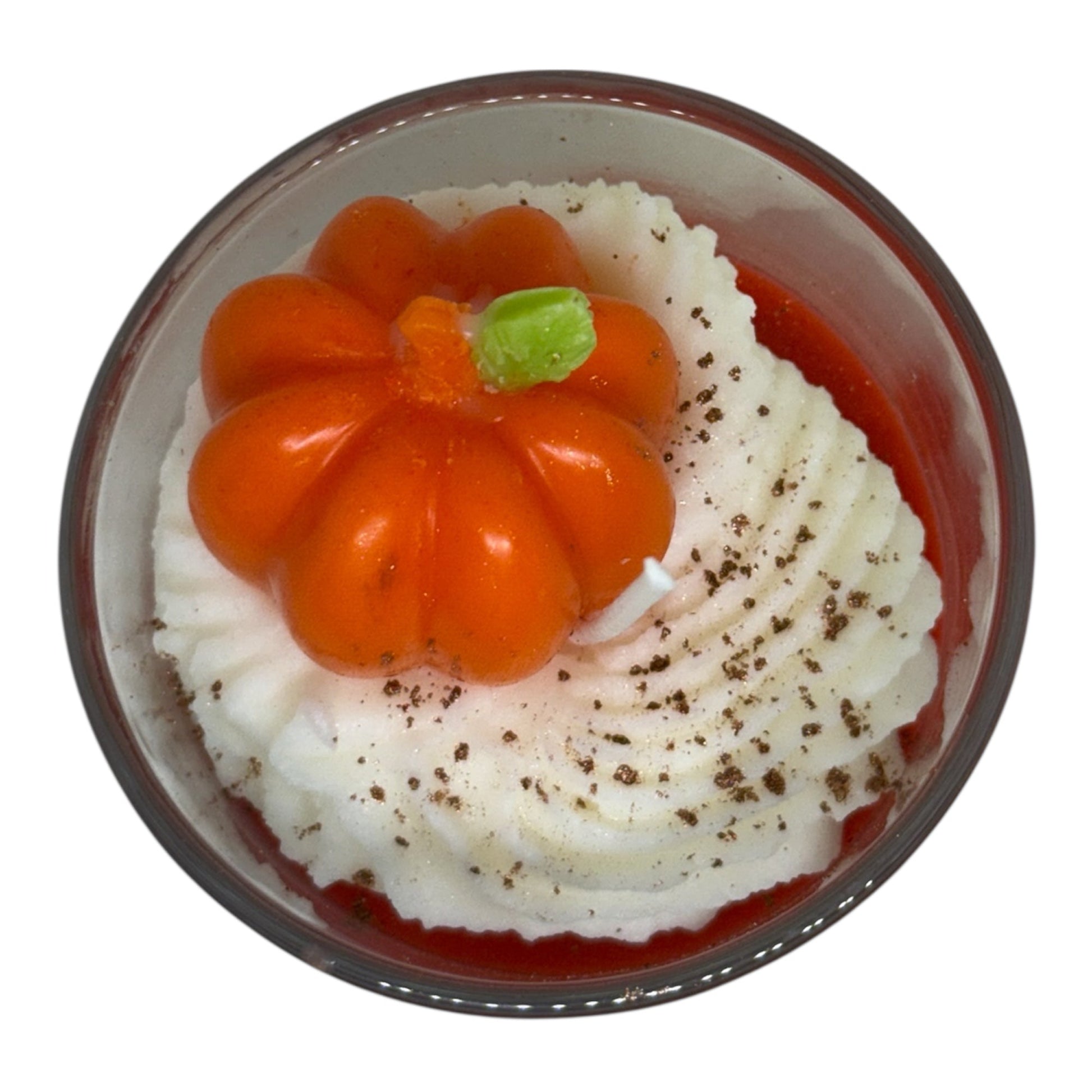 Pumpkin Spice Luxe Candle with soy wax, whipped cream texture, and decorative pumpkin topper for autumn décor and cozy fall scent.