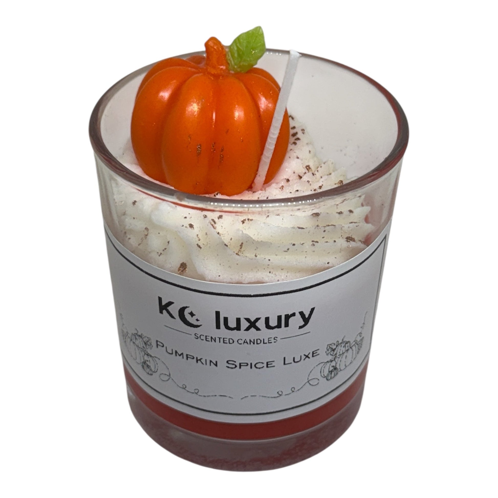 Pumpkin Spice Luxe Candle by KC Luxury, hand-poured soy wax with pumpkin spice scent and decorative pumpkin topper in a glass jar