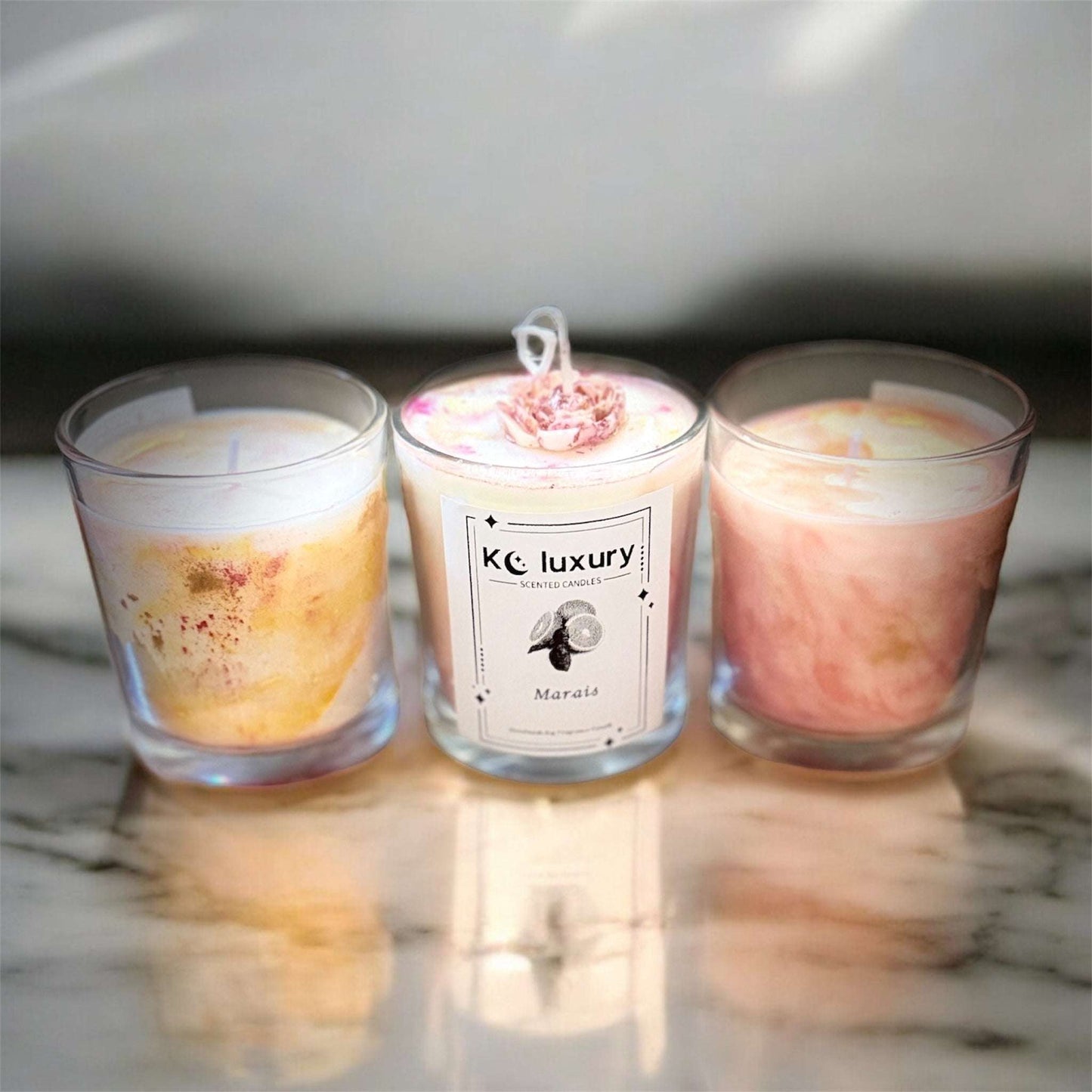 Elegant marble effect soy candles, KC LuxeMarble, enhance home decor with luxurious design.