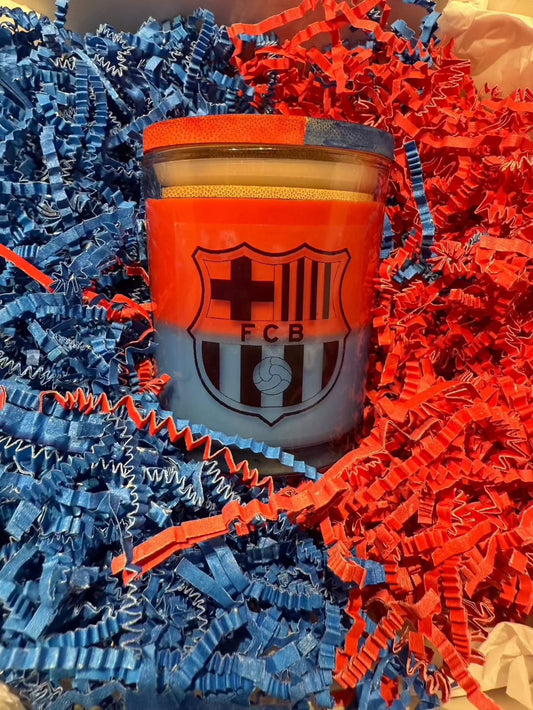 FC Barcelona-Inspired Candle with blue and red soy wax in vibrant packaging.