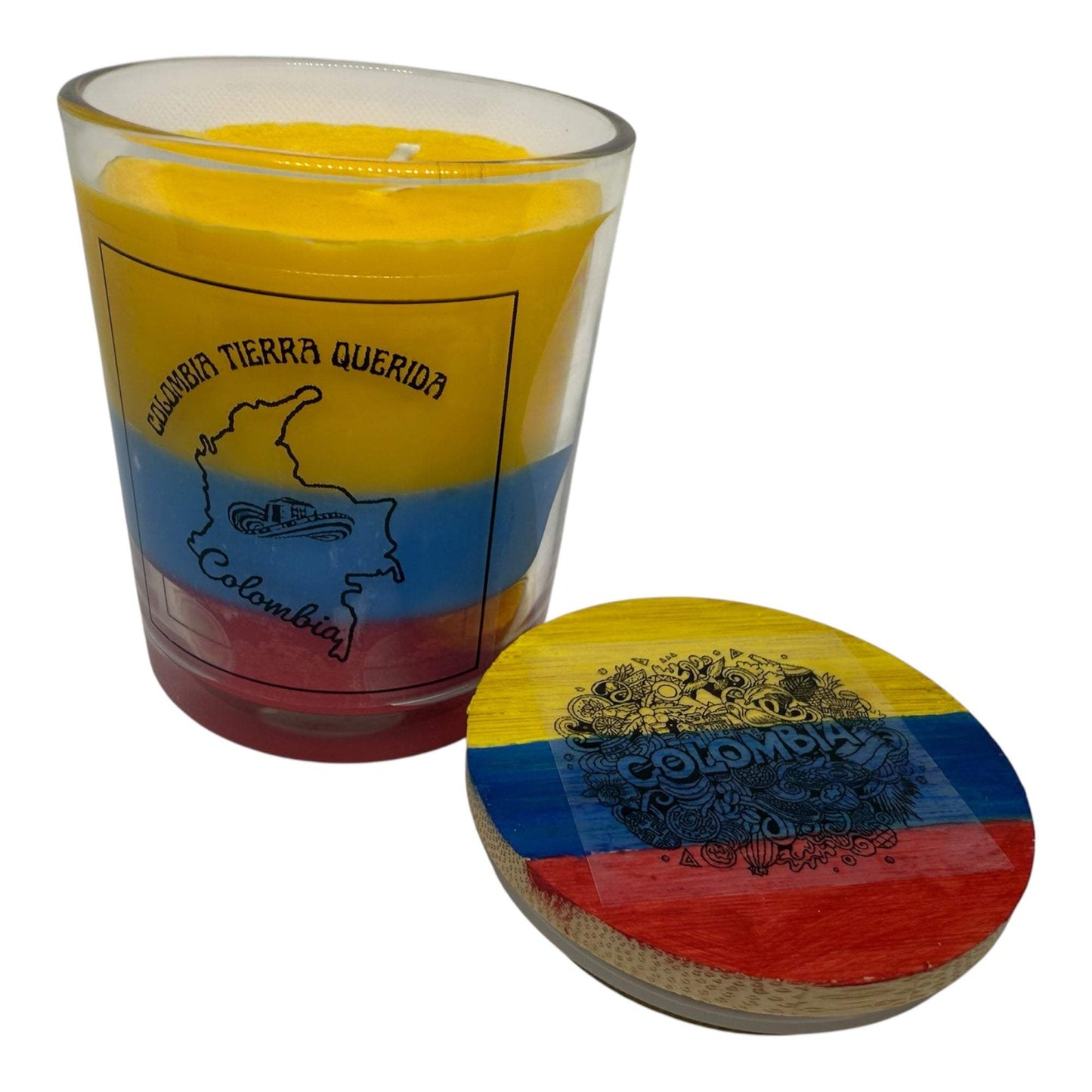 Colombian Flag Inspired Soy Wax Candle with vibrant layers of yellow, blue, and red, handcrafted by KC Luxe.
