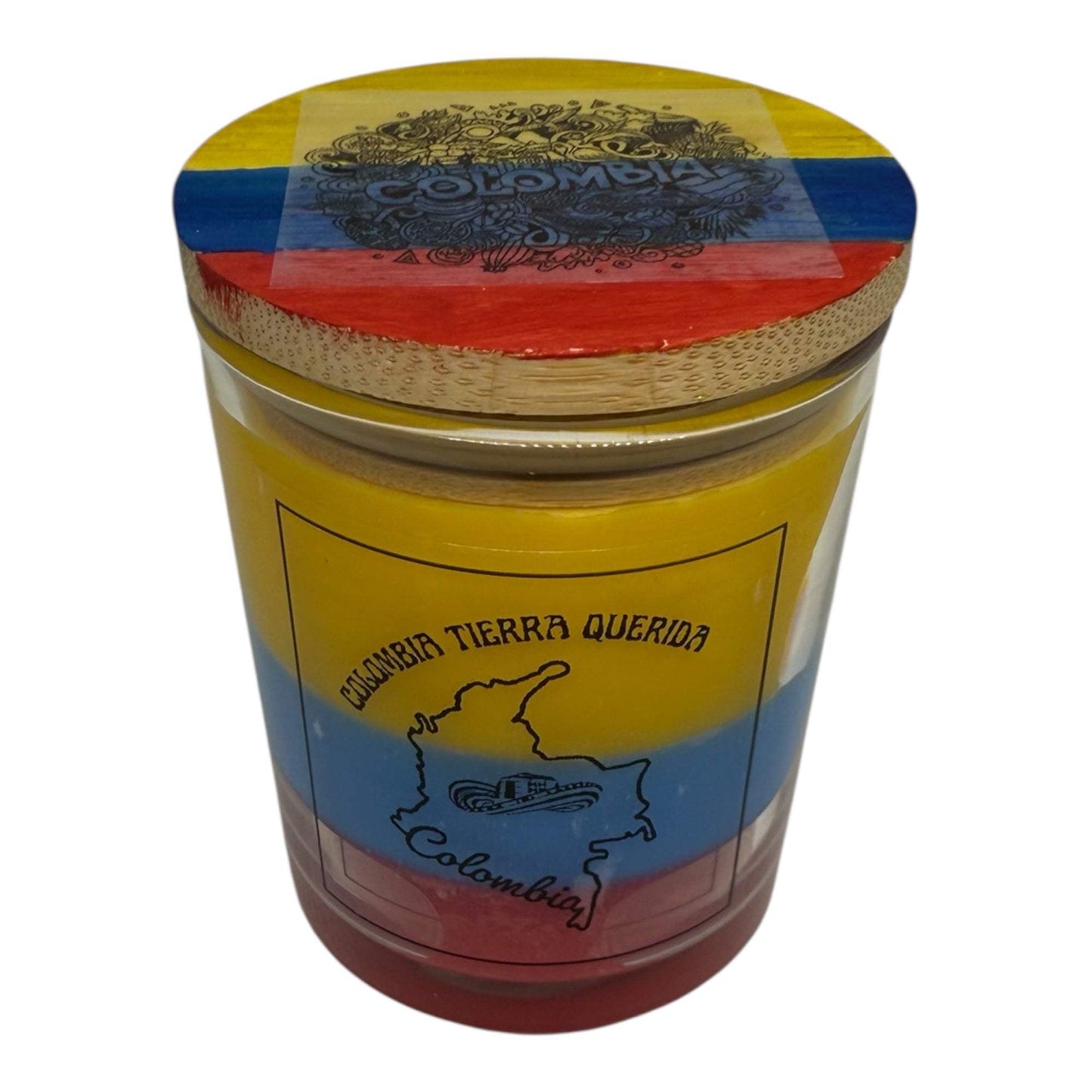 Colombian flag inspired soy wax candle with vibrant yellow, blue, and red layers and decorative lid.