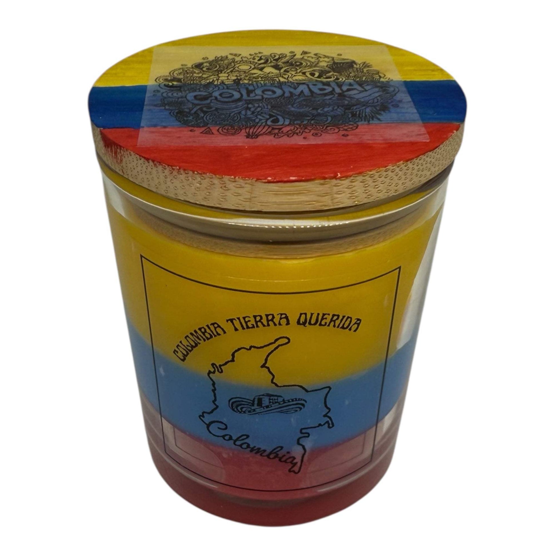 Colombian flag inspired soy wax candle with vibrant yellow, blue, and red layers and decorative lid.