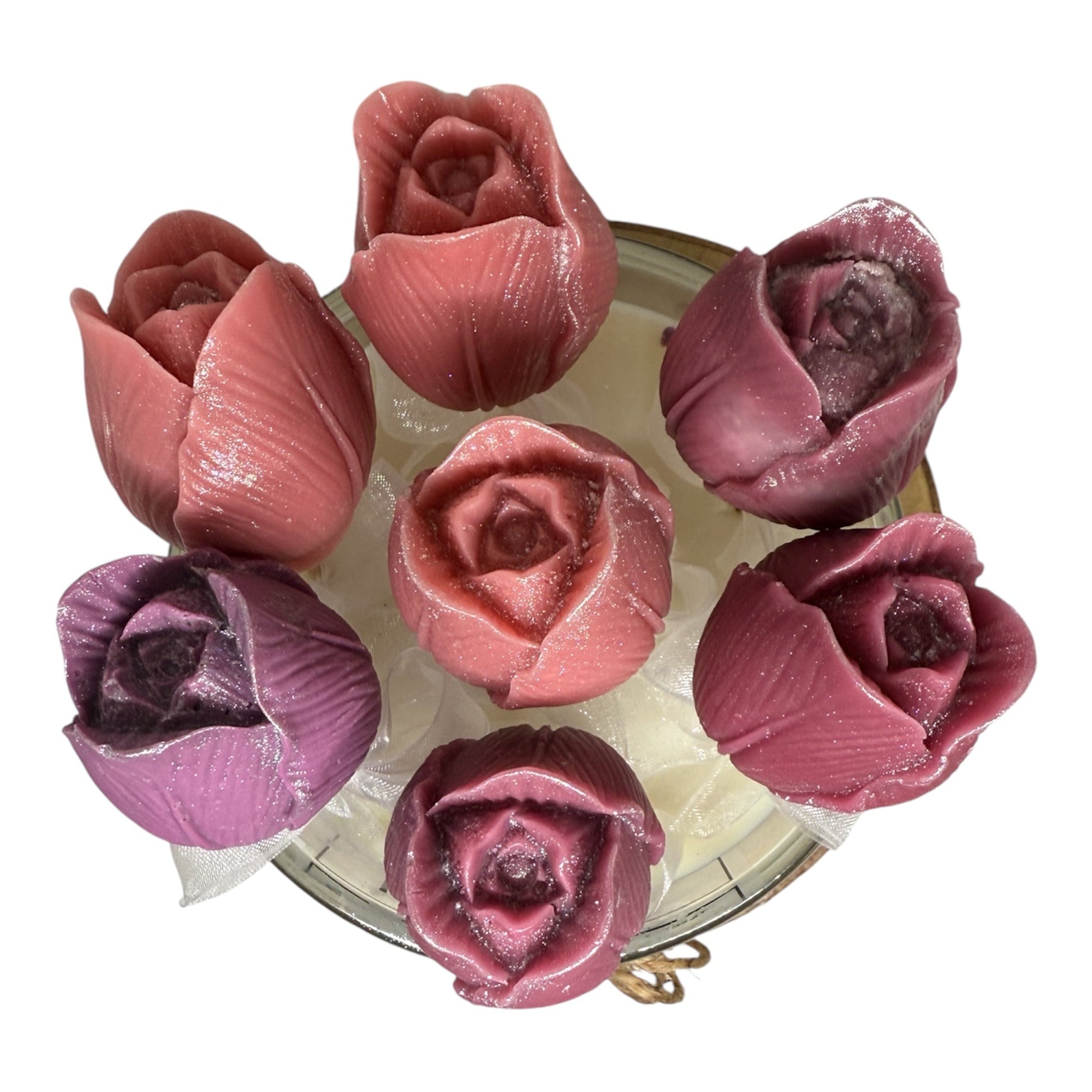 KC Luxury Tulip Bouquet Melt Collection with six detailed floral wax melts on top of a 12oz hidden candle base