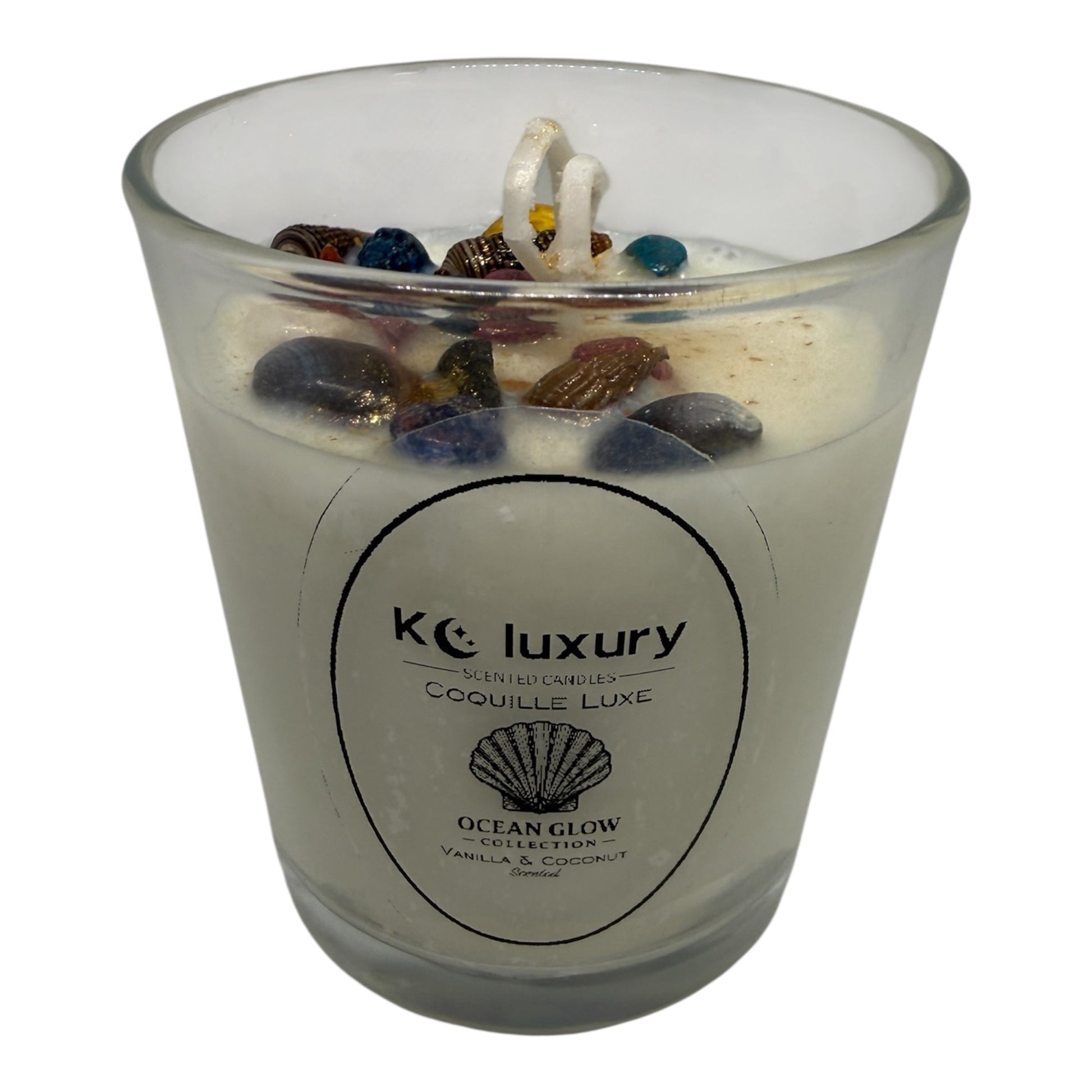 KC Luxury Coquille Luxe candle with seashells in clear jelly, coastal-themed scented candle from Ocean Glow collection