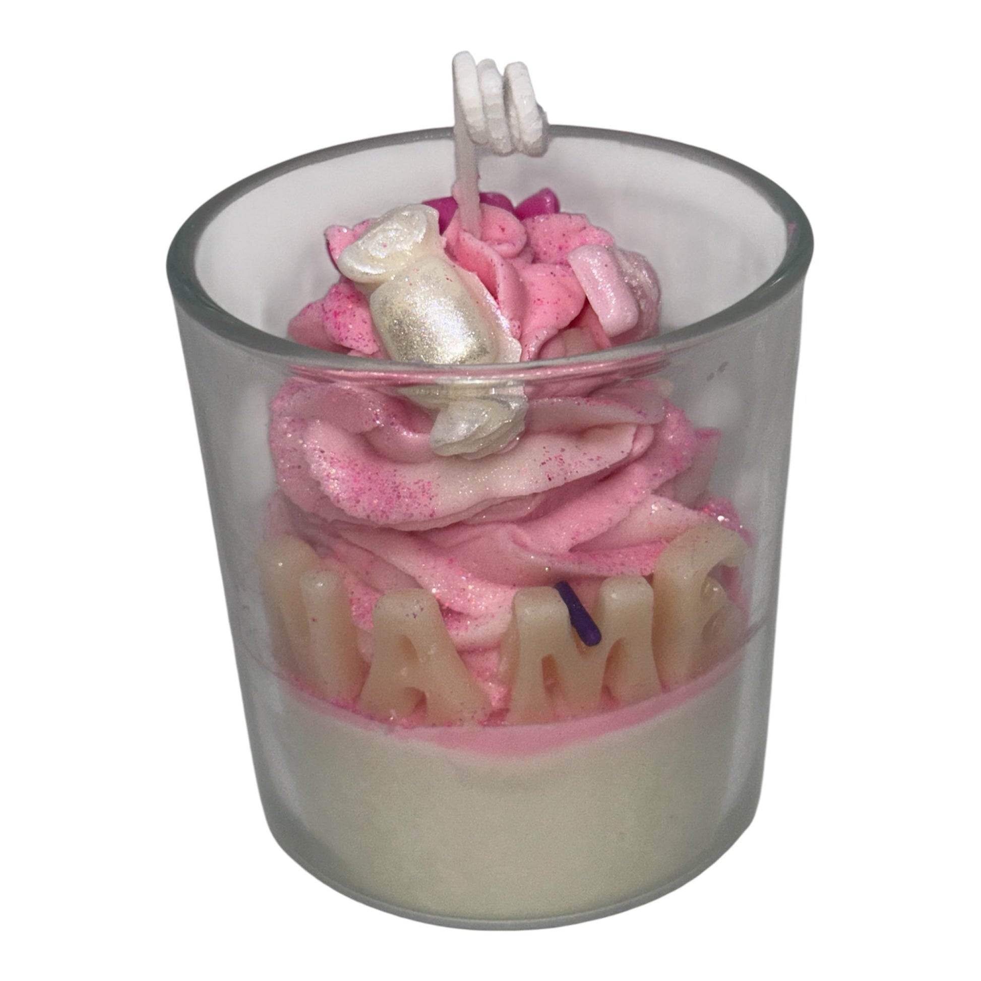 Personalized Luxe Name Glow Collection whipped candle with pink swirls and custom wax letters in a glass jar