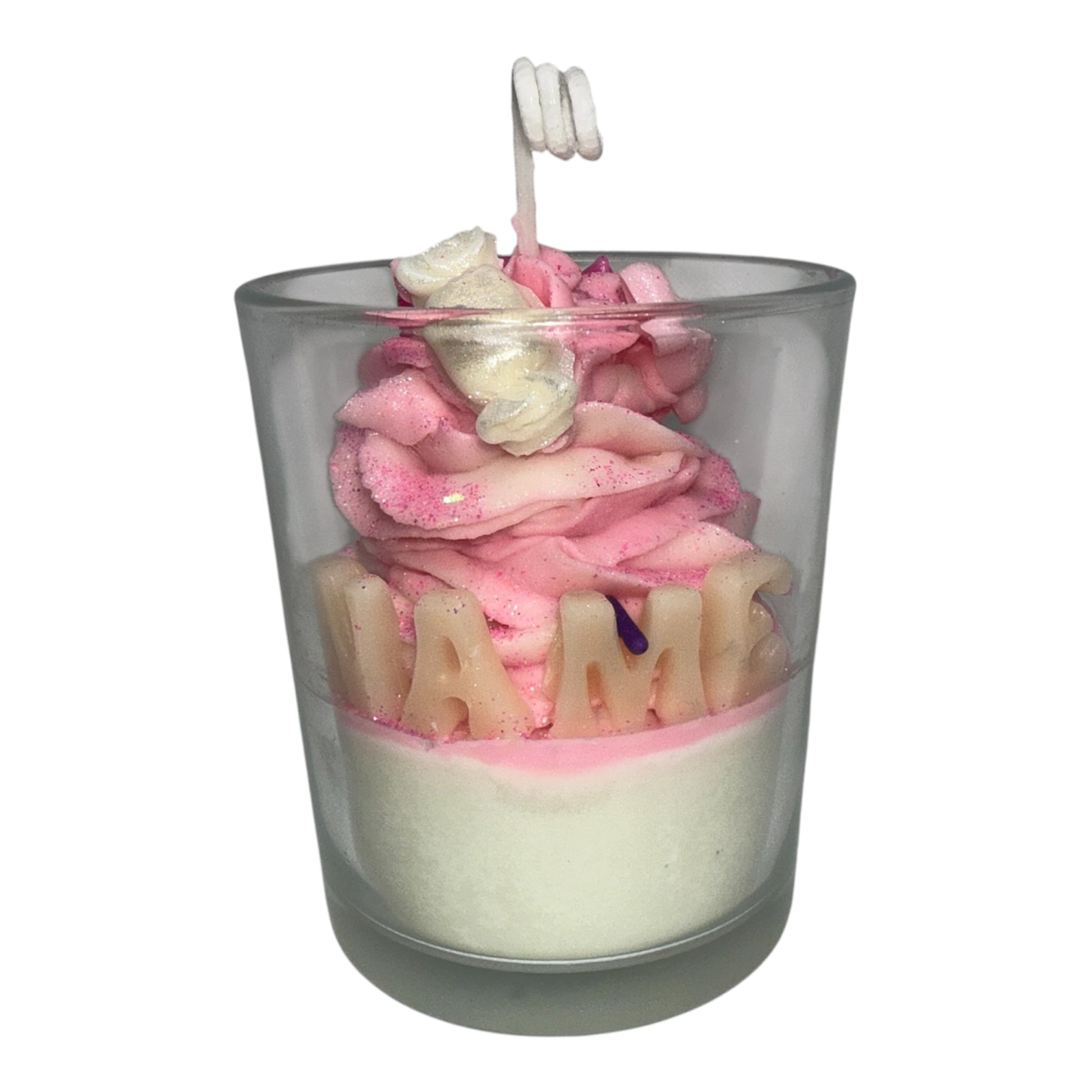 Personalized Luxe Name Glow Collection whipped scented candle with pink swirls and custom wax letters in glass jar