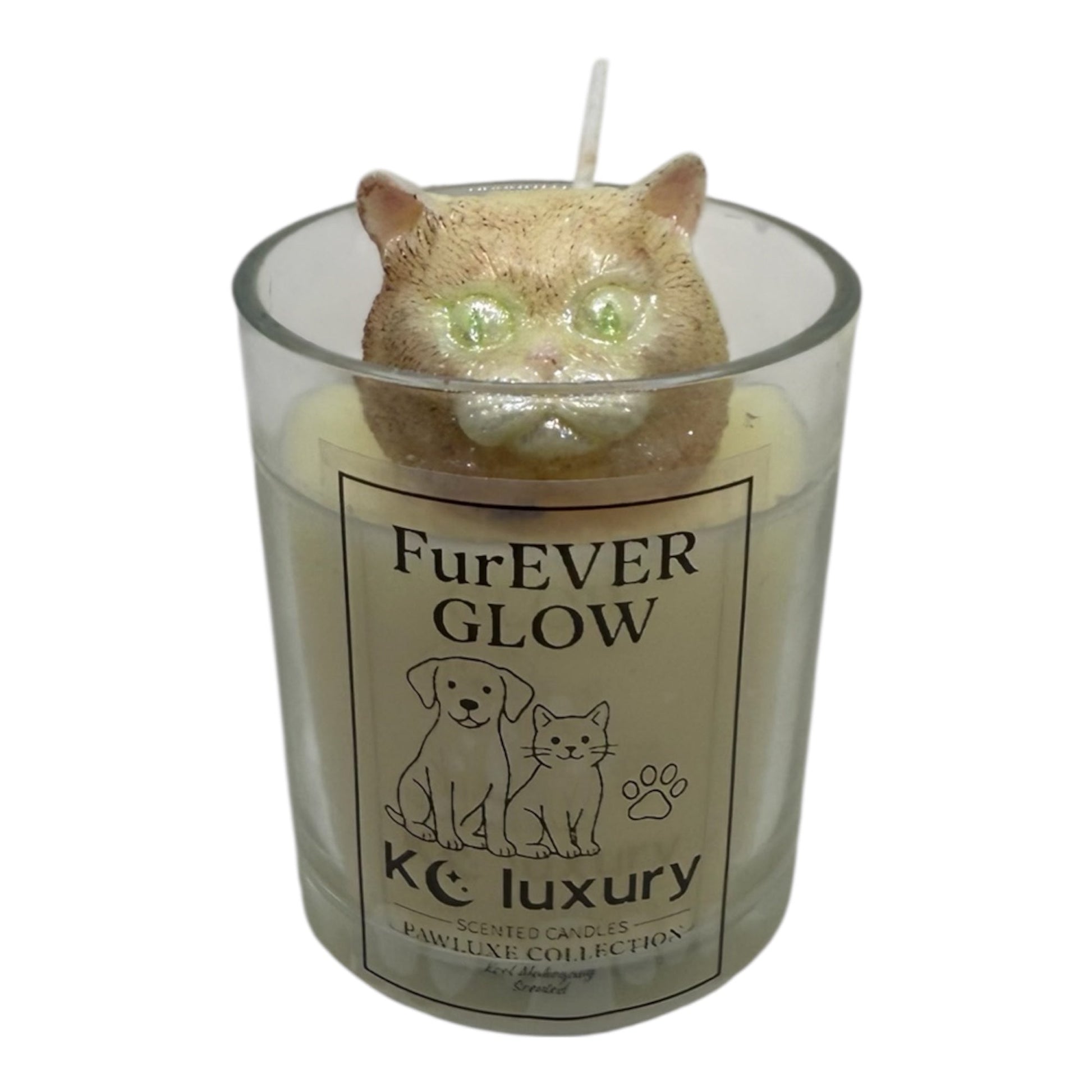Furever Glow Candle with custom 3D pet design in luxury soy wax, personalized for pet lovers.