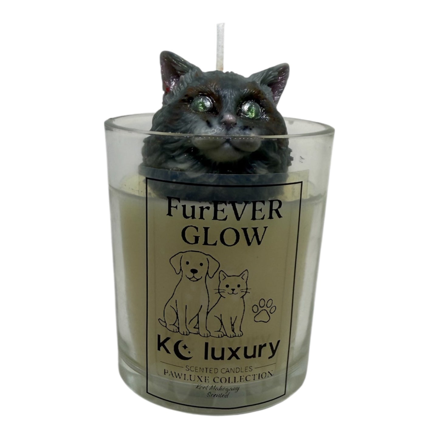 Furever Glow Candle with 3D cat design in clear glass, personalized luxury soy candle for pet lovers.