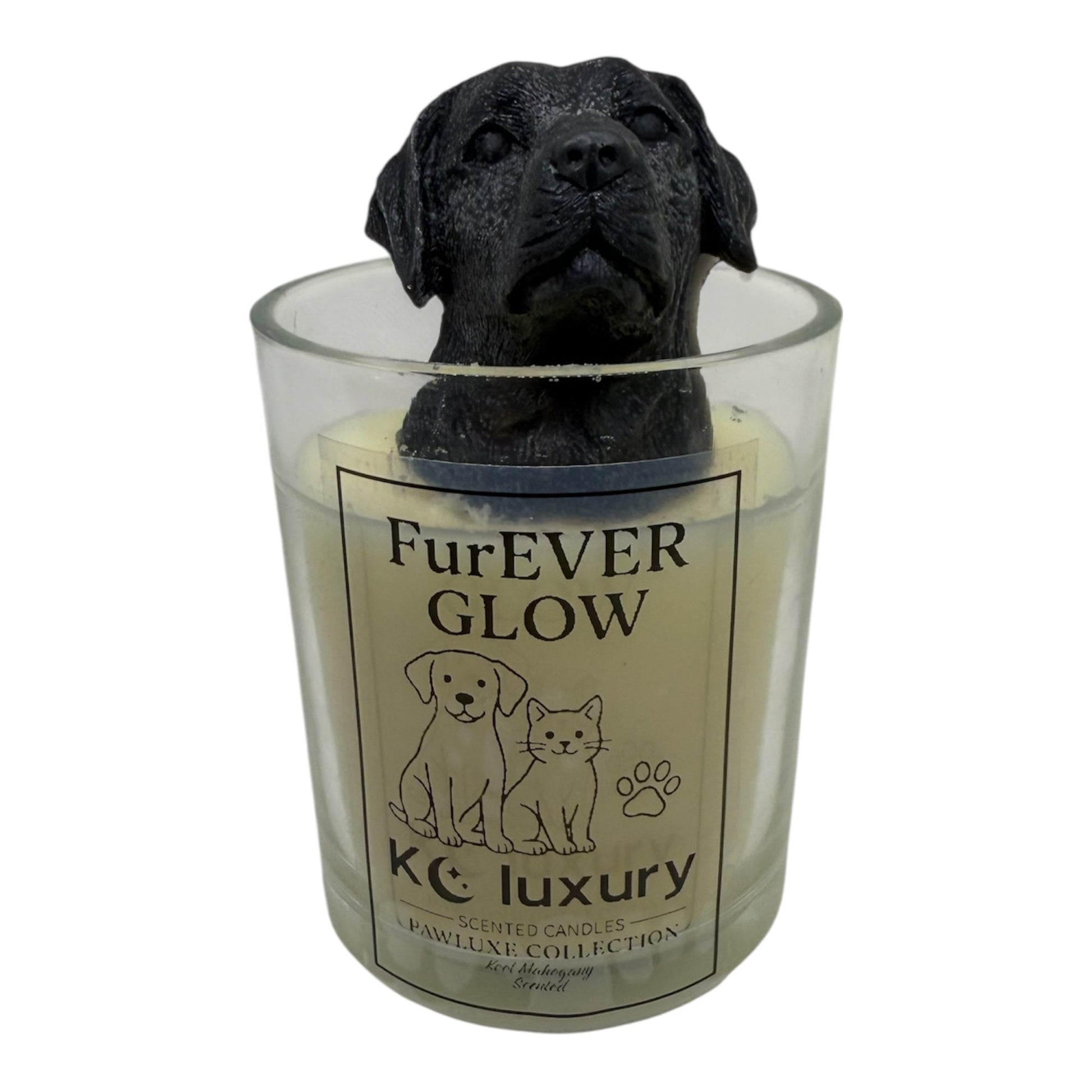 Furever Glow Candle with black 3D dog figure, hand-poured luxury soy candle for pet lovers, customizable and eco-friendly.